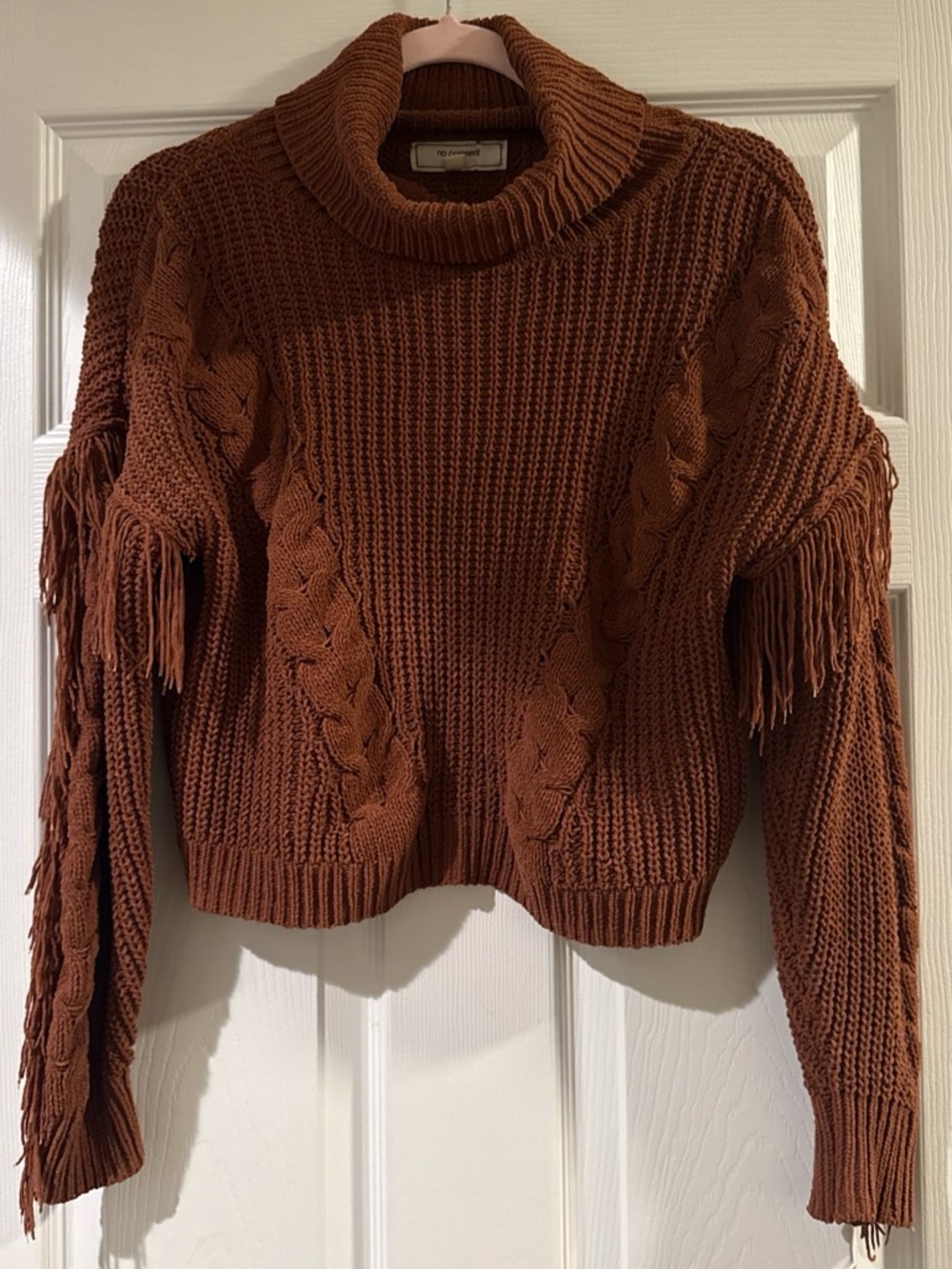 No Comment Fringe Cable Knit Turtleneck Sweater - Brown